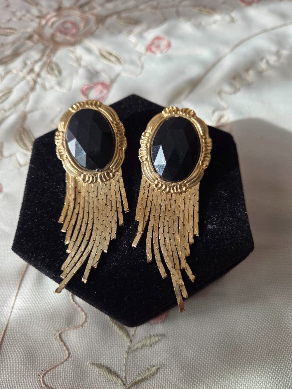 1980s Black and Gold Tone Fringe Earrings